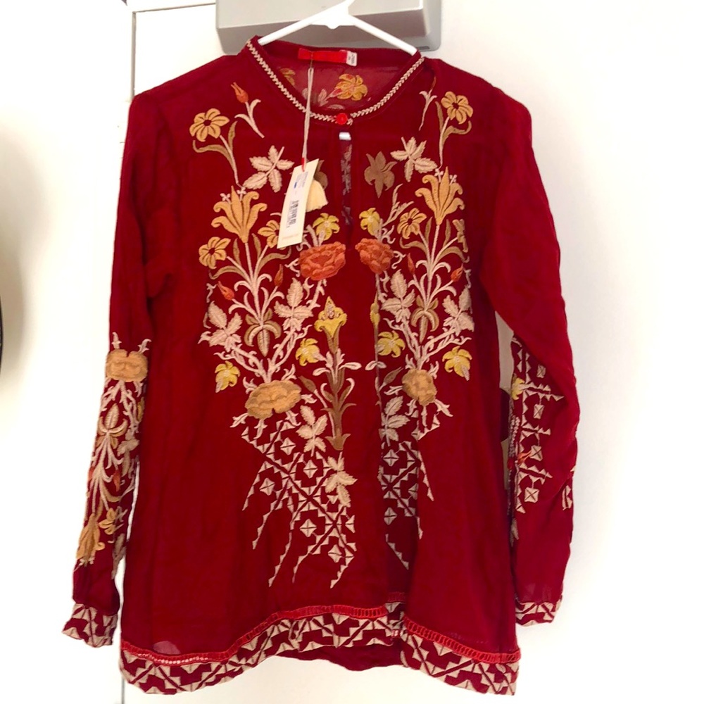 Johnny Was NWT Frankie Blouse red embroidered